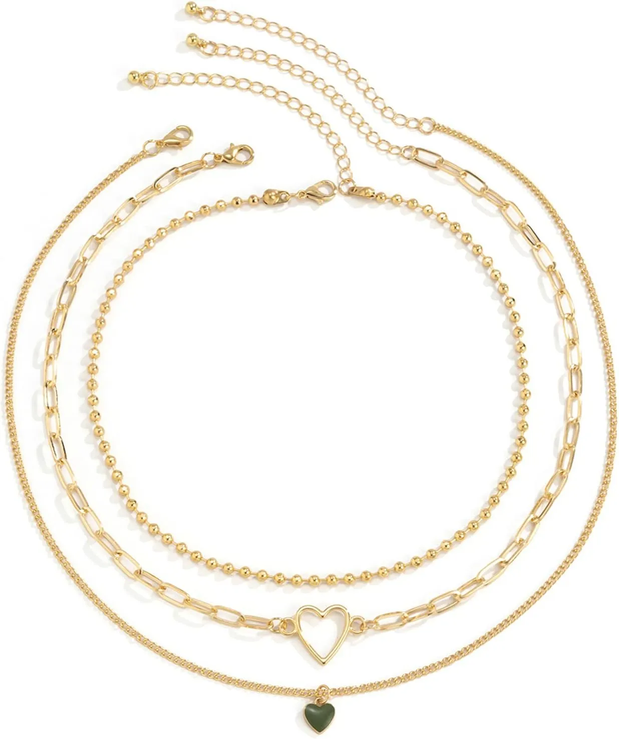 3 Layer Dainty Layered Necklaces for Women, Ball Chain Heart Pendant Layered Gold Necklace Set