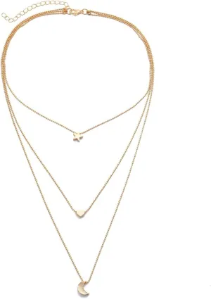 3 Layered Necklaces for Womens, Multi Layered Necklaces for Women Trendy Adjustable Gold Plated Gold Chain Necklace with Moon Heart and Star