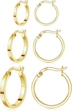 3 Pairs 925 Sterling Silver Hoop Earrings for Women 14K White Gold Plated Hypoallergenic Small Silver Hoop Earrings for Women Men 13/15/20mm