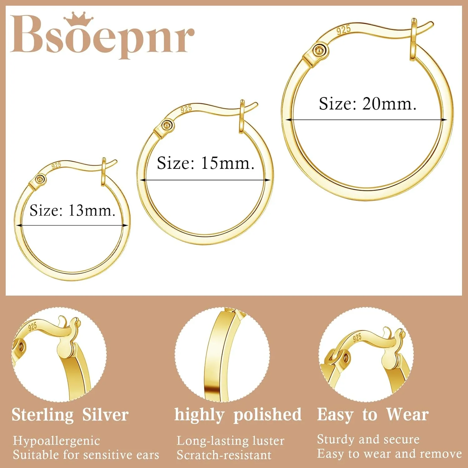 3 Pairs 925 Sterling Silver Hoop Earrings for Women 14K White Gold Plated Hypoallergenic Small Silver Hoop Earrings for Women Men 13/15/20mm