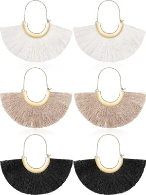 3 Pairs Fan Tassel Earrings for Women Fringe Earrings Semi Circle Fan Silky Threader Dangles Hoops