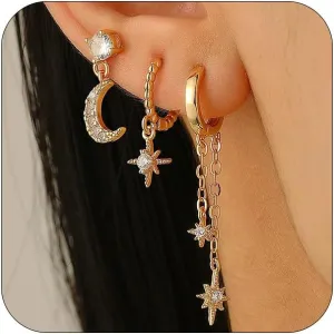 3Pcs Statement 14K Gold Moon Star Cute Hoop Earrings Set for Women, Sparkly Zircon Silver Asymmetric Tassel Small Cartilage Stud Earring Jewelry Gifts