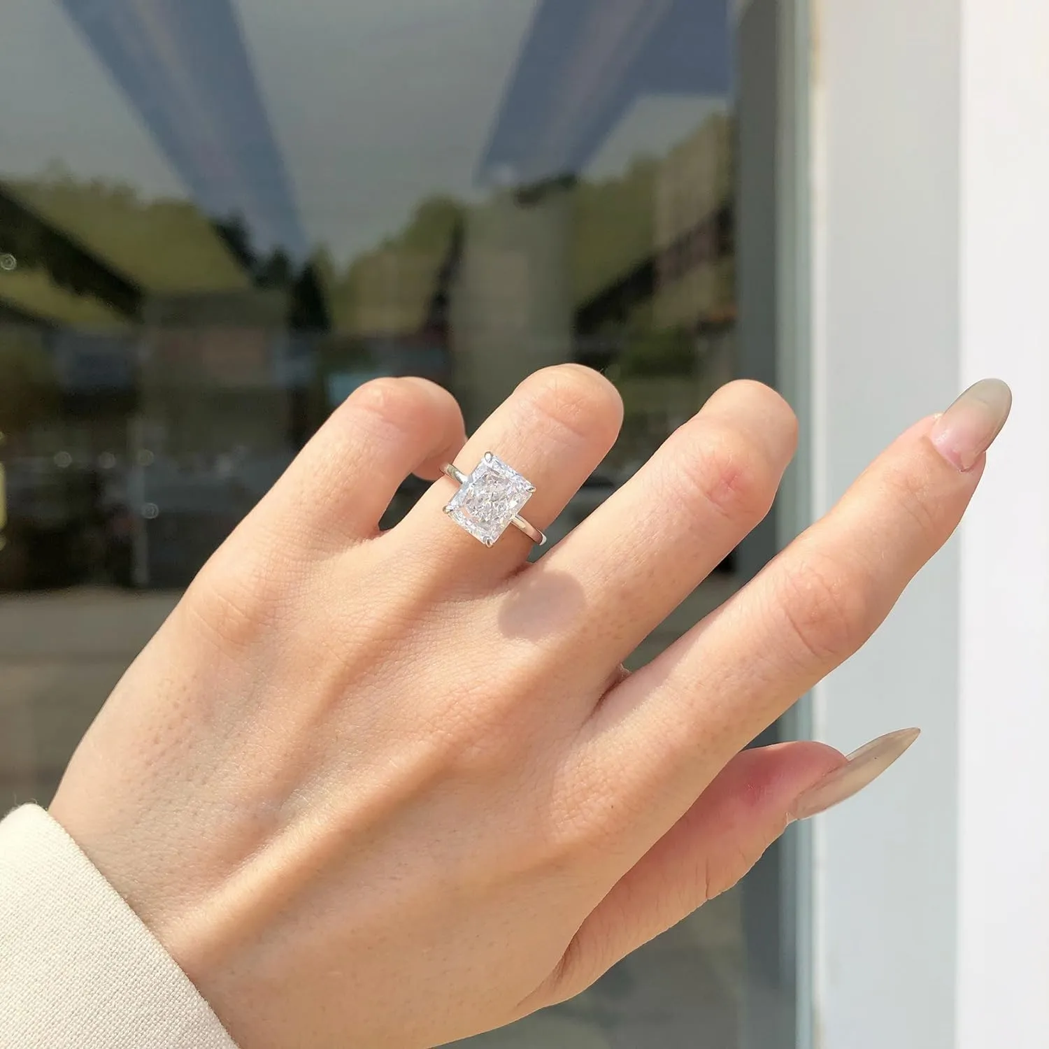 4CT Lab Grown Diamond Ring, Engagement Ring for Women, D Color VVS1 Radiant Cut Solitaire Promise Ring for Her, 18K White Yellow Gold Plated Wedding Band