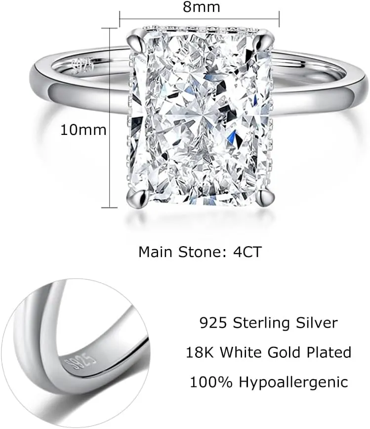 4CT Lab Grown Diamond Ring, Engagement Ring for Women, D Color VVS1 Radiant Cut Solitaire Promise Ring for Her, 18K White Yellow Gold Plated Wedding Band