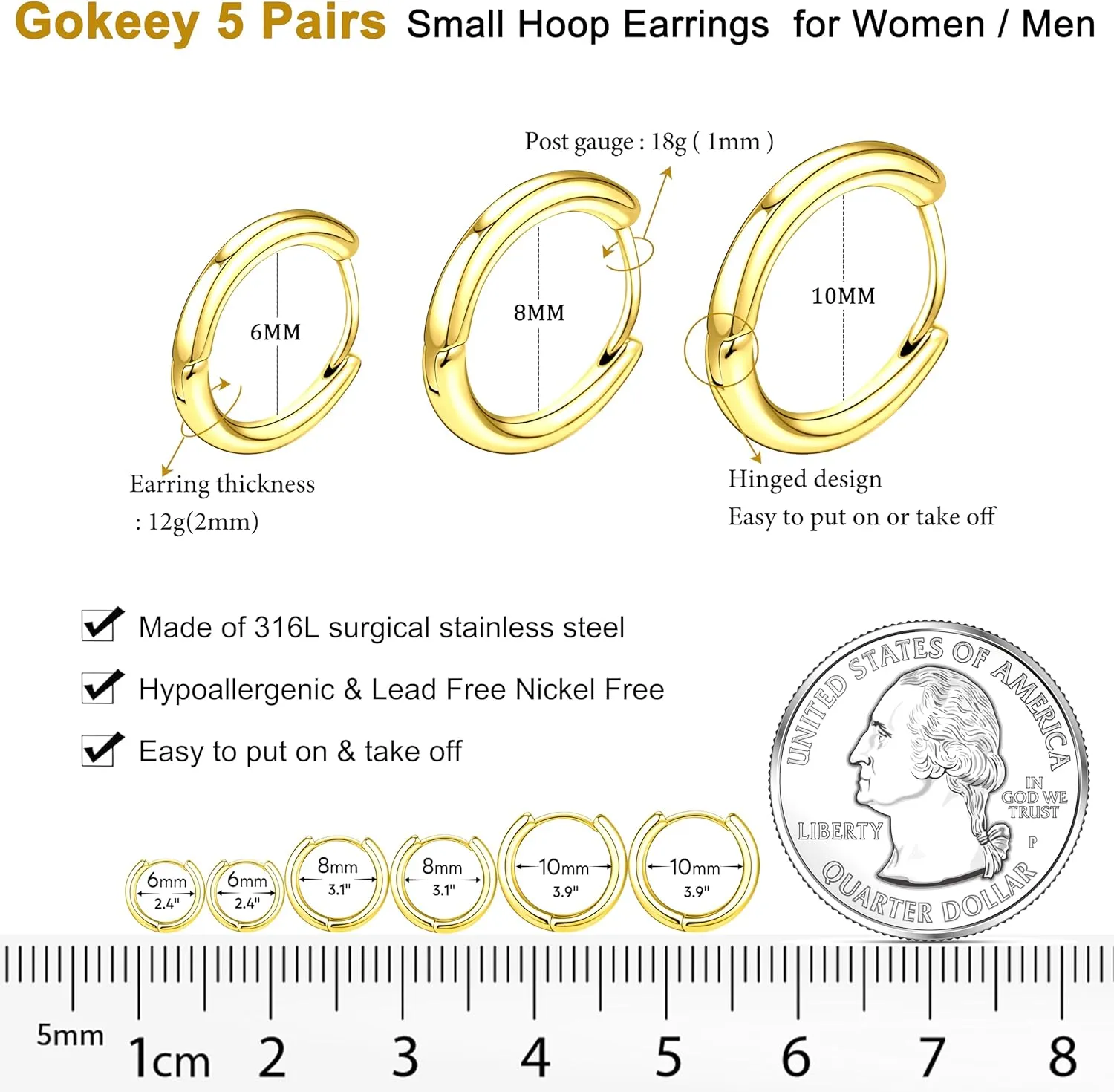 5 Pairs Small Gold Silver Hoop Earrings for Women Men,Hypoallergenic 316L Surgical Stainless Steel Earrings for Sensitive Ears,Cute Tiny Huggie Hoops Earrings Set for Multiple Piercing Jewelry Gift
