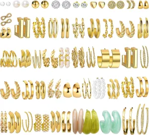 51 Pairs Gold Hoop Earrings Set for Women, Multipack Hypoallergenic Chunky Chain Twisted Hoop Earrings Pack,Small Big Hoops Earring Jewelry Gift