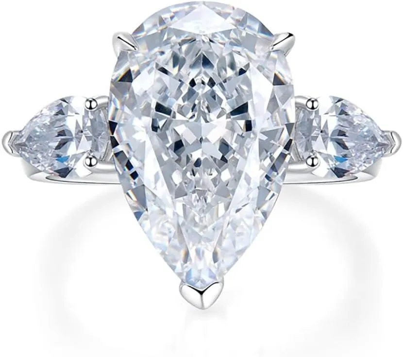 5CT Pear Cut Lab Grown White Yellow Pink Diamond Ring, 18k White Gold Plated 925 Sterling Silver Engagement Ring for Women, Simulated Diamond Wedding Band