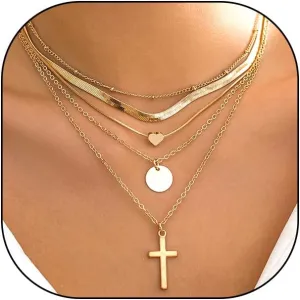 5pcs Gold Layered Necklace Set for Women,Trendy Stackable Geometry Cross Pendant Link Chain Statement Necklaces,Faith Based Gifts for Baptism