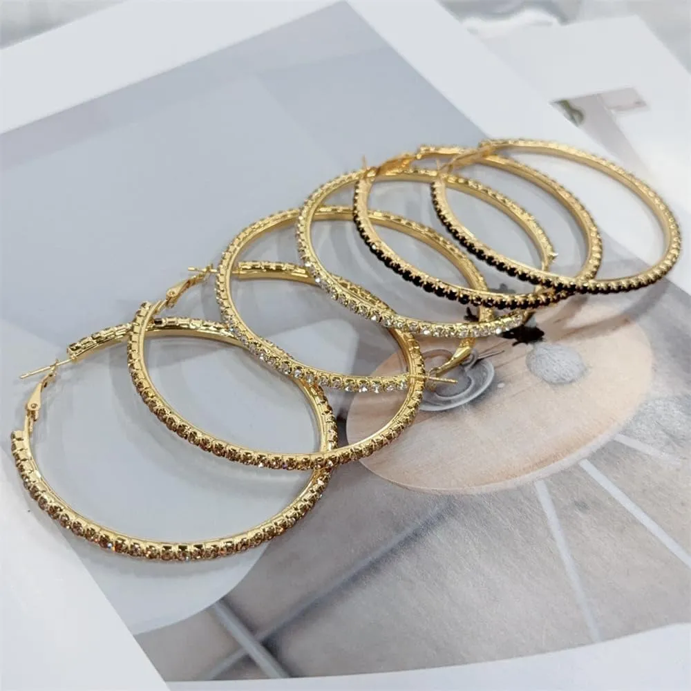 60mm Rhinestone Big Hoop Earrings for Women Hypoallergenic Large Cubic Zirconia Hoops Huggie Sparkly CZ Crystal Gold Plated Women's Loop Earring Fashion Classic Jewelry for Party Dance