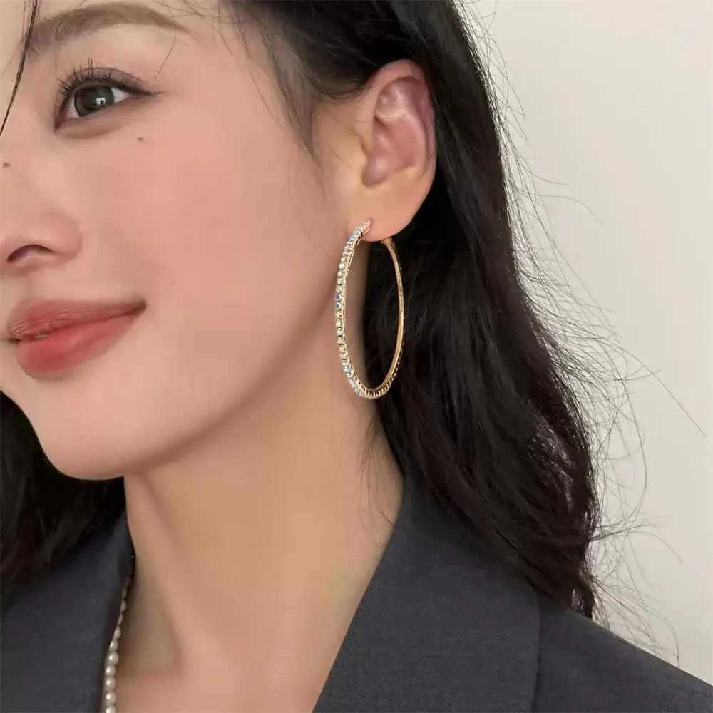 60mm Rhinestone Big Hoop Earrings for Women Hypoallergenic Large Cubic Zirconia Hoops Huggie Sparkly CZ Crystal Gold Plated Women's Loop Earring Fashion Classic Jewelry for Party Dance