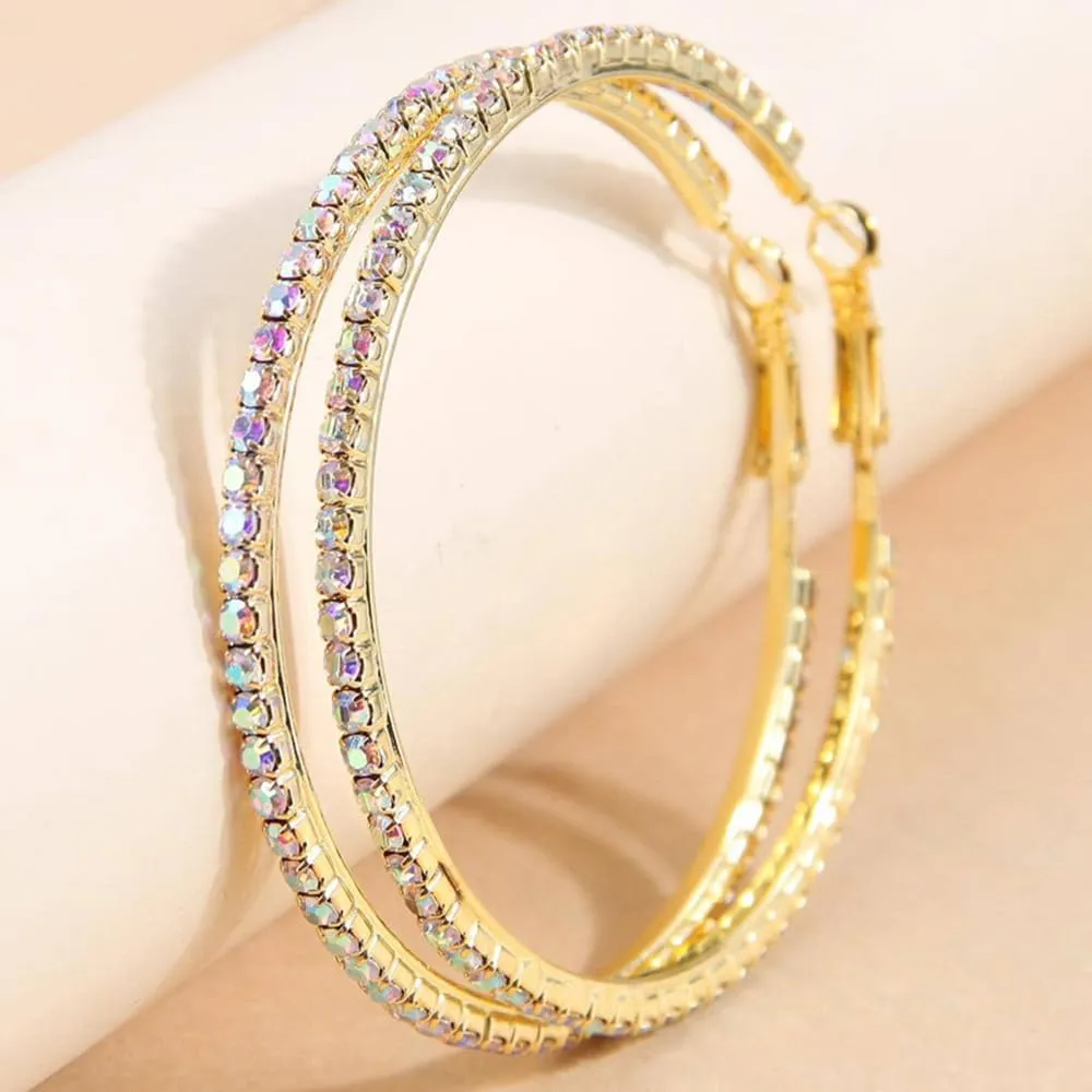 60mm Rhinestone Big Hoop Earrings for Women Hypoallergenic Large Cubic Zirconia Hoops Huggie Sparkly CZ Crystal Gold Plated Women's Loop Earring Fashion Classic Jewelry for Party Dance