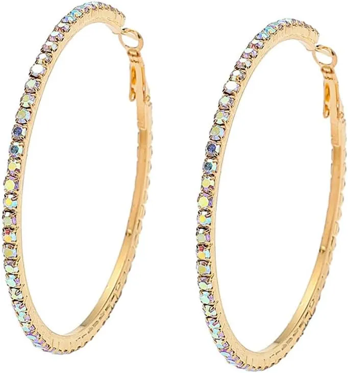 60mm Rhinestone Big Hoop Earrings for Women Hypoallergenic Large Cubic Zirconia Hoops Huggie Sparkly CZ Crystal Gold Plated Women's Loop Earring Fashion Classic Jewelry for Party Dance