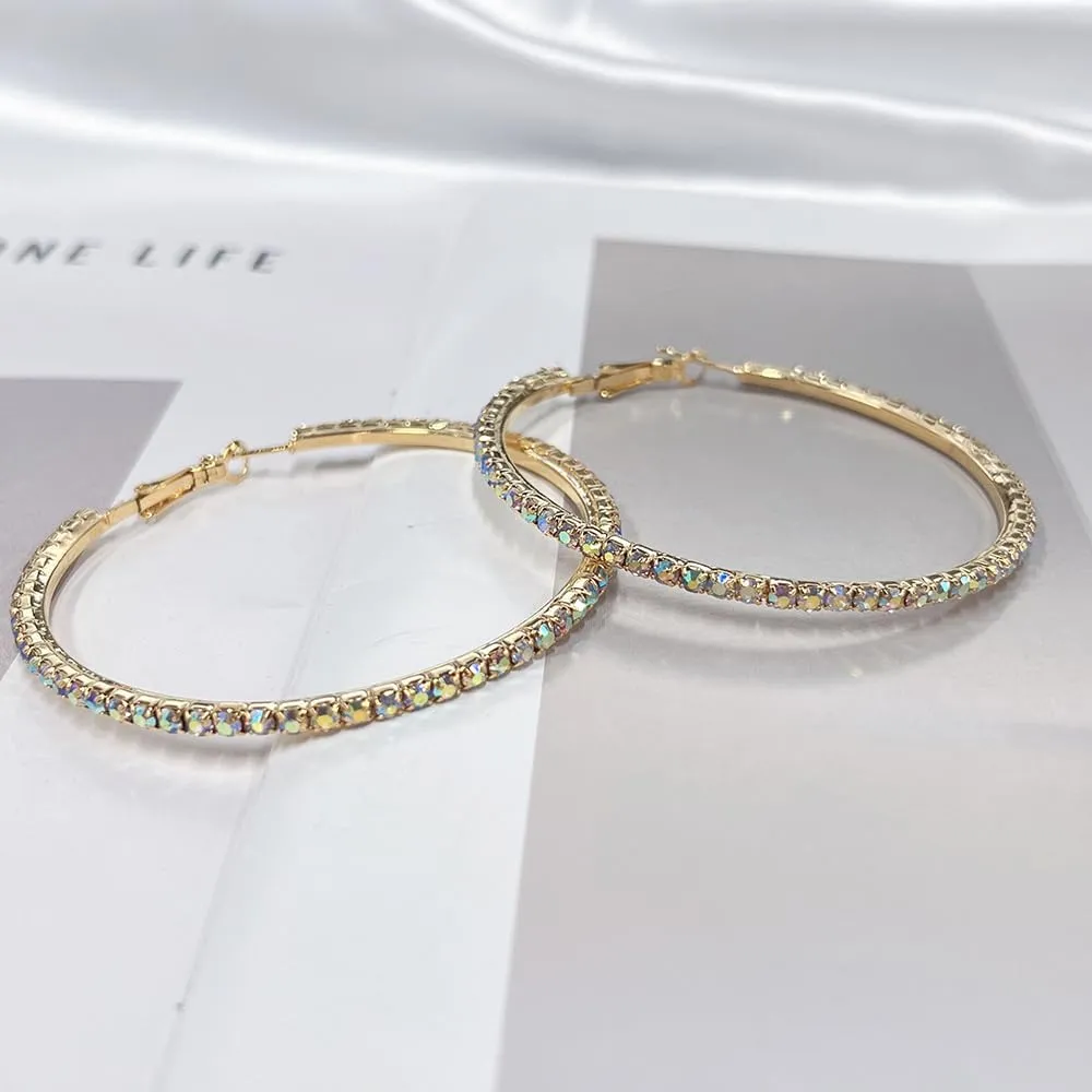 60mm Rhinestone Big Hoop Earrings for Women Hypoallergenic Large Cubic Zirconia Hoops Huggie Sparkly CZ Crystal Gold Plated Women's Loop Earring Fashion Classic Jewelry for Party Dance