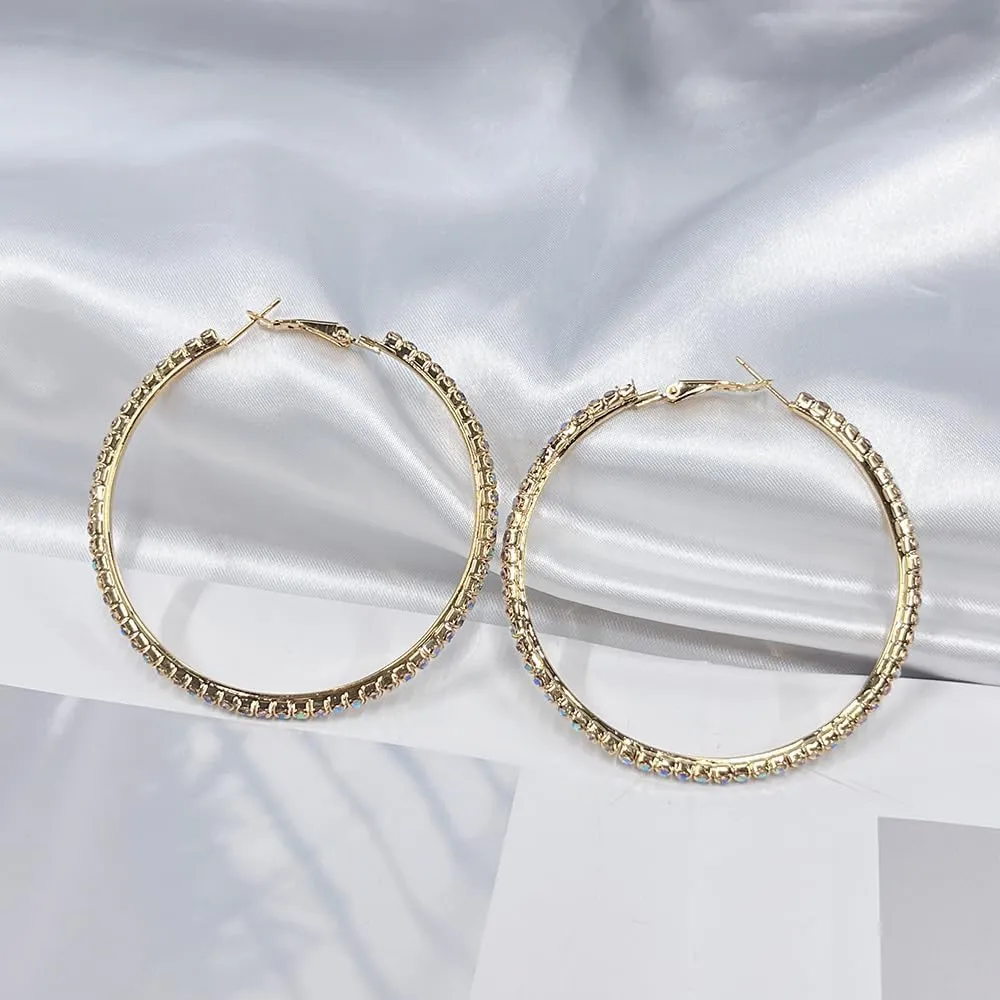 60mm Rhinestone Big Hoop Earrings for Women Hypoallergenic Large Cubic Zirconia Hoops Huggie Sparkly CZ Crystal Gold Plated Women's Loop Earring Fashion Classic Jewelry for Party Dance