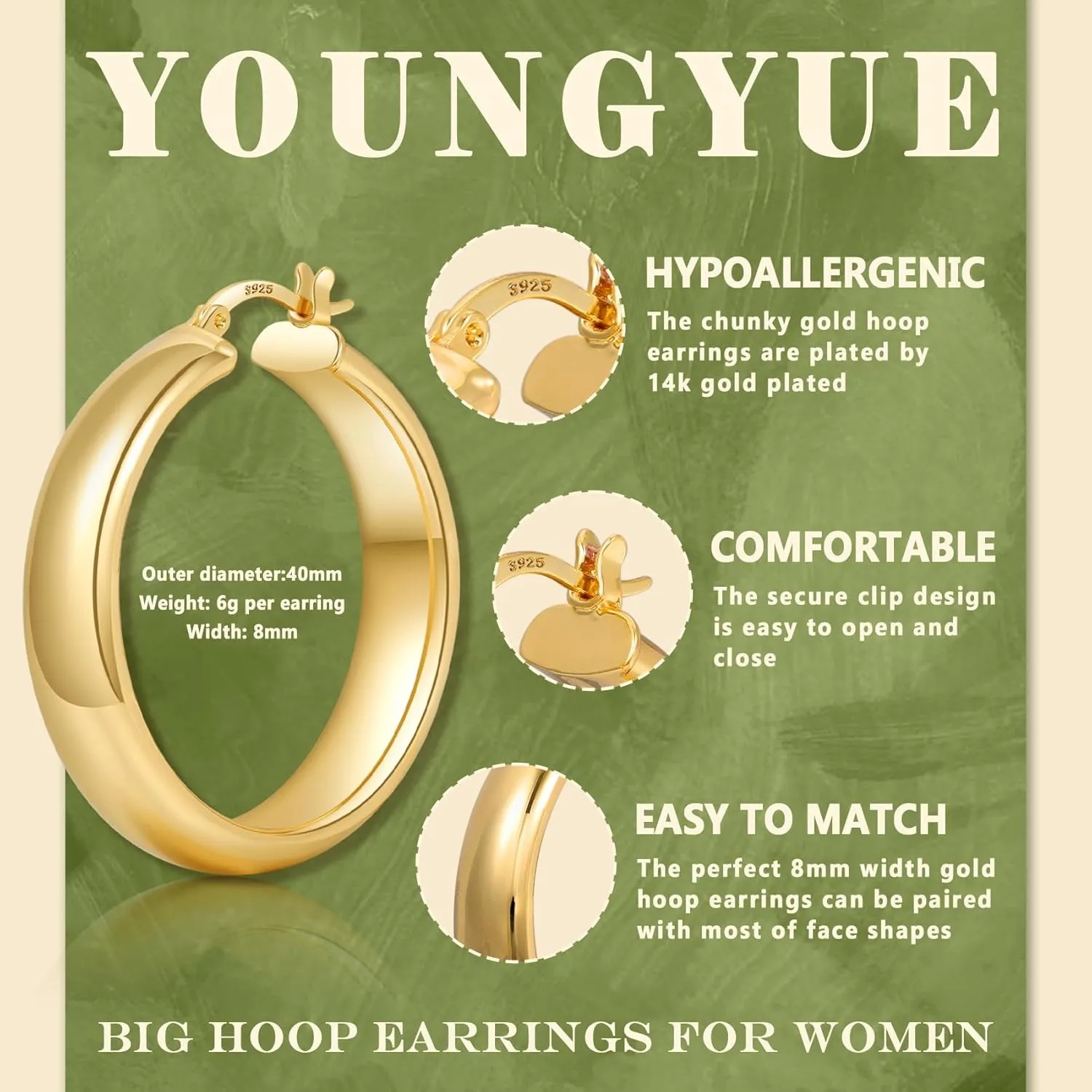 8mm Wide Chunky Gold Hoops 14K Real Gold Plated Hypoallergenic 925 Sterling Silver Hoops Lightweight Big Gold Hoop Earrings for Women 30/40/50/60mm