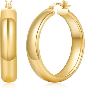 8mm Wide Chunky Gold Hoops 14K Real Gold Plated Hypoallergenic 925 Sterling Silver Hoops Lightweight Big Gold Hoop Earrings for Women 30/40/50/60mm