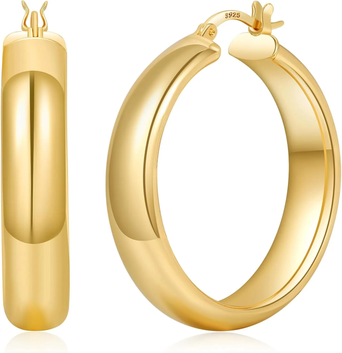 8mm Wide Chunky Gold Hoops 14K Real Gold Plated Hypoallergenic 925 Sterling Silver Hoops Lightweight Big Gold Hoop Earrings for Women 30/40/50/60mm