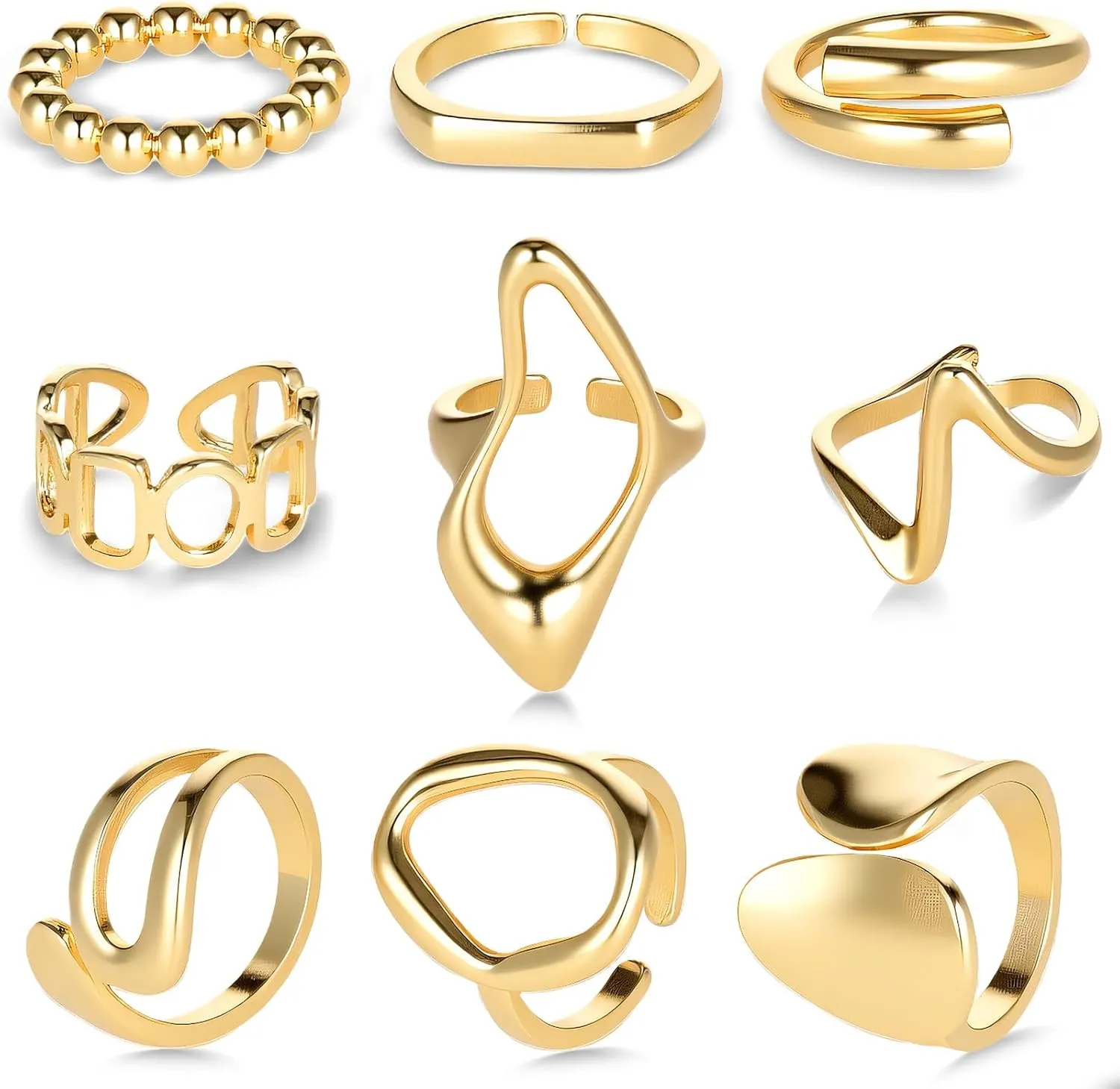 9 Pcs Gold Chunky Rings Set for Women, 18K Plated Stackable Dome Open Ring Set, Adjustable Stacking Knuckle Rings, Non-Tarnish Statement Jewelry Gift