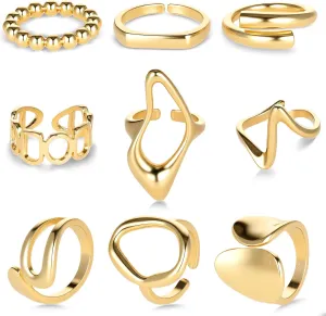 9 Pcs Gold Chunky Rings Set for Women, 18K Plated Stackable Dome Open Ring Set, Adjustable Stacking Knuckle Rings, Non-Tarnish Statement Jewelry Gift