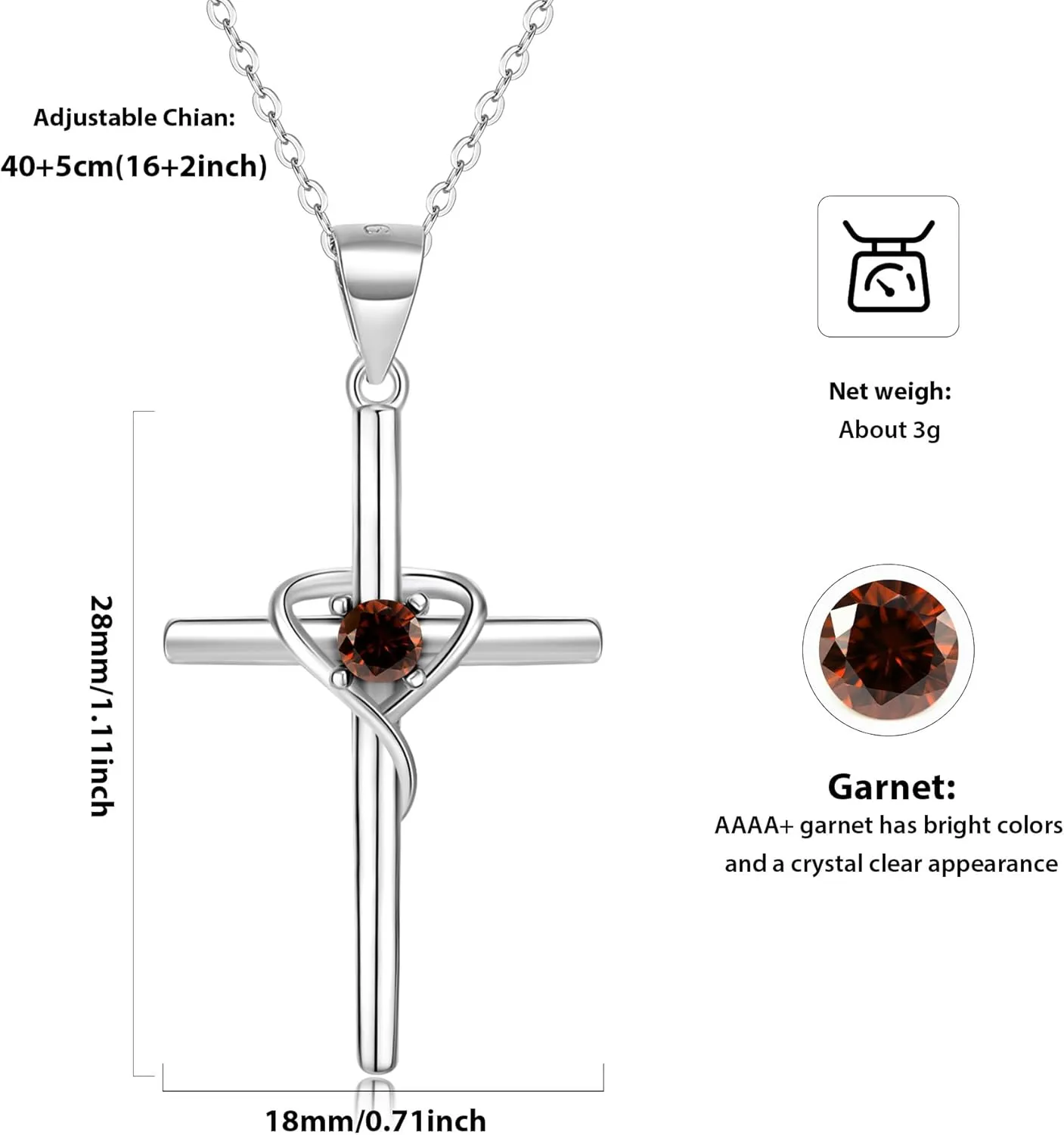 925 Sterling Silver Cross Necklace for Women 5A CZ Birthstone Necklace Cross Heart Pendant Necklace for Women Men Adjustable Birthstone Jewelry Gift for Birthday Christmas