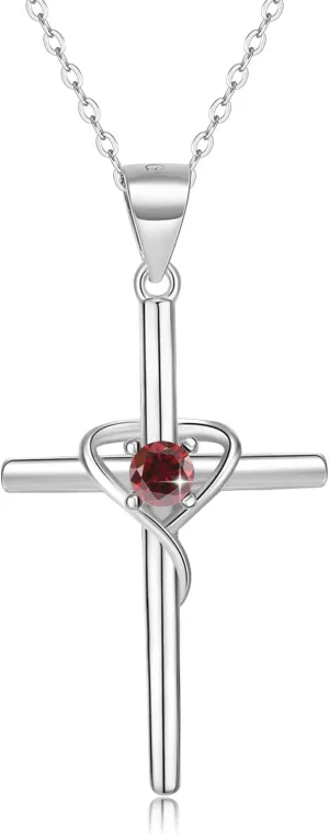 925 Sterling Silver Cross Necklace for Women 5A CZ Birthstone Necklace Cross Heart Pendant Necklace for Women Men Adjustable Birthstone Jewelry Gift for Birthday Christmas