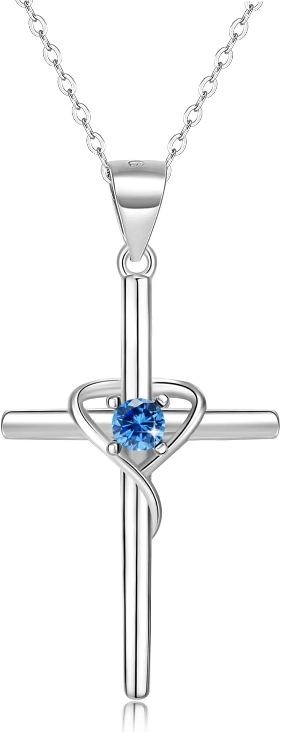 925 Sterling Silver Cross Necklace for Women 5A CZ Birthstone Necklace Cross Heart Pendant Necklace for Women Men Adjustable Birthstone Jewelry Gift for Birthday Christmas