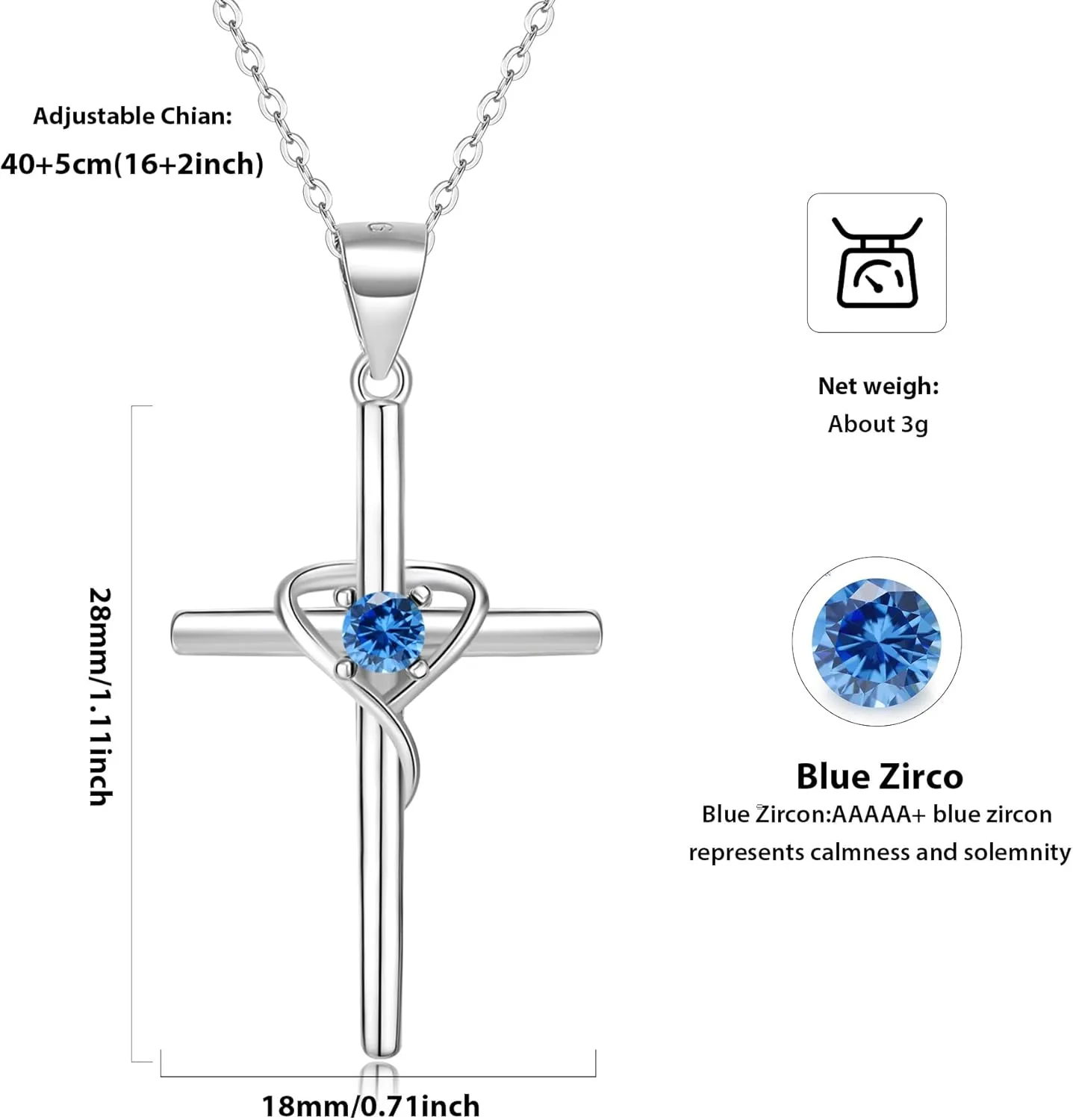 925 Sterling Silver Cross Necklace for Women 5A CZ Birthstone Necklace Cross Heart Pendant Necklace for Women Men Adjustable Birthstone Jewelry Gift for Birthday Christmas