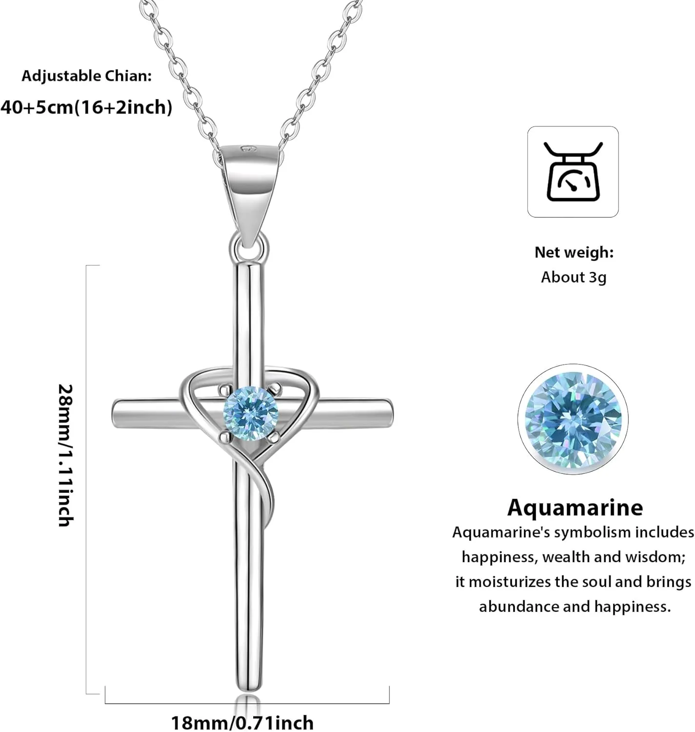 925 Sterling Silver Cross Necklace for Women 5A CZ Birthstone Necklace Cross Heart Pendant Necklace for Women Men Adjustable Birthstone Jewelry Gift for Birthday Christmas