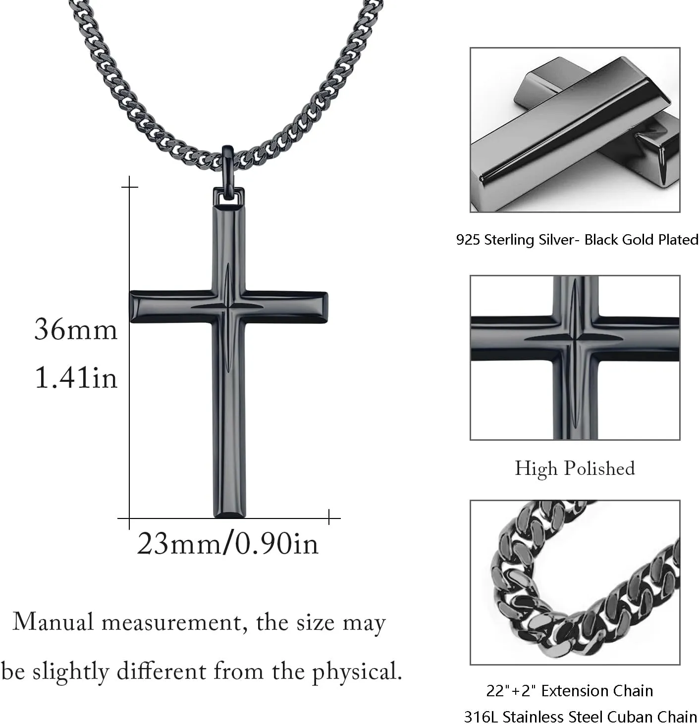 925 Sterling Silver Cross Pendant Necklace with Stainless Steel Chain 22" 2"