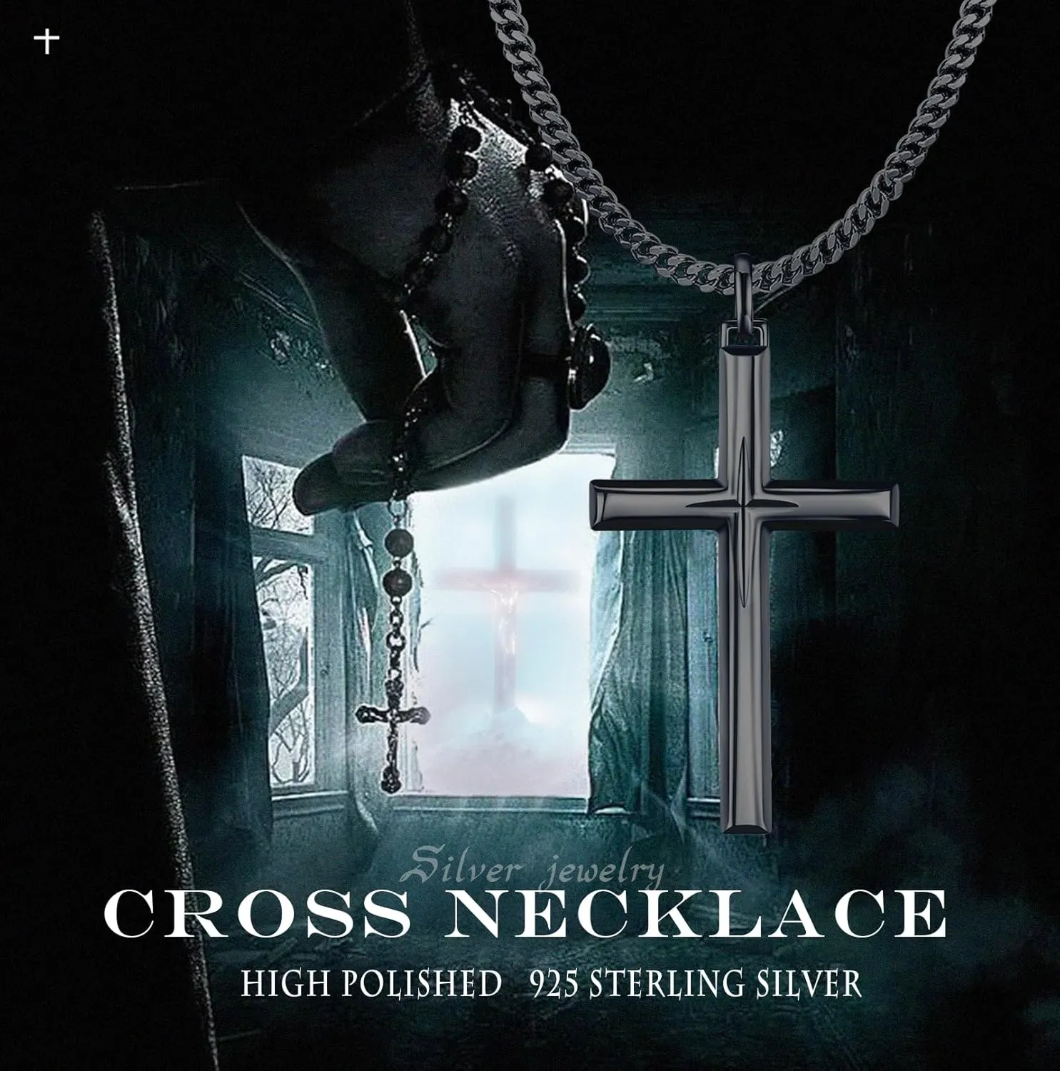 925 Sterling Silver Cross Pendant Necklace with Stainless Steel Chain 22" 2"