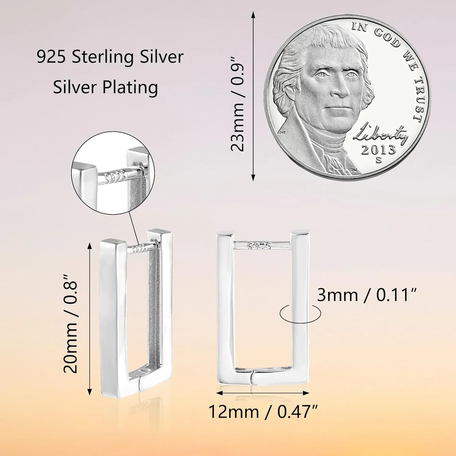 925 Sterling Silver Earrings for Women Trendy Square Hoop Earrings Minimalist Geometric Rectangle Earing, Hypoallergenic Huggie Hoops Fashion Jewelry