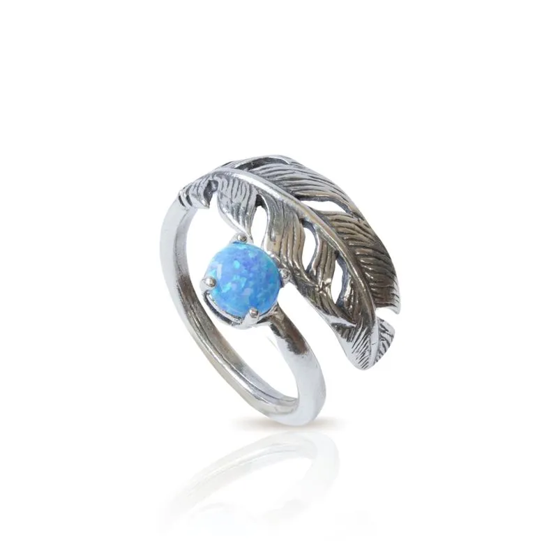 925 Sterling Silver Feather Adjustable Ring with Blue Opal gemstone