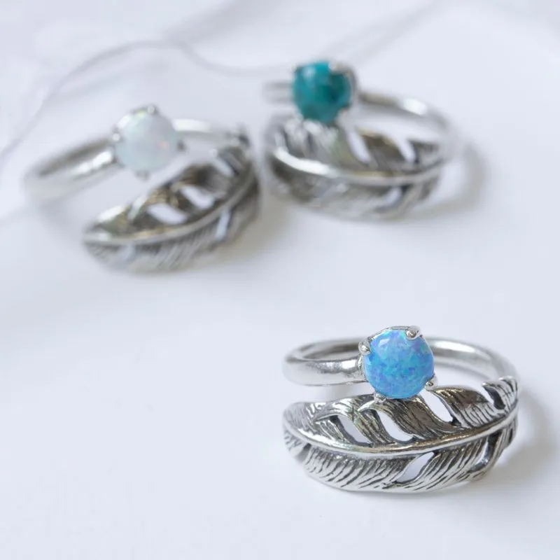 925 Sterling Silver Feather Adjustable Ring with Blue Opal gemstone