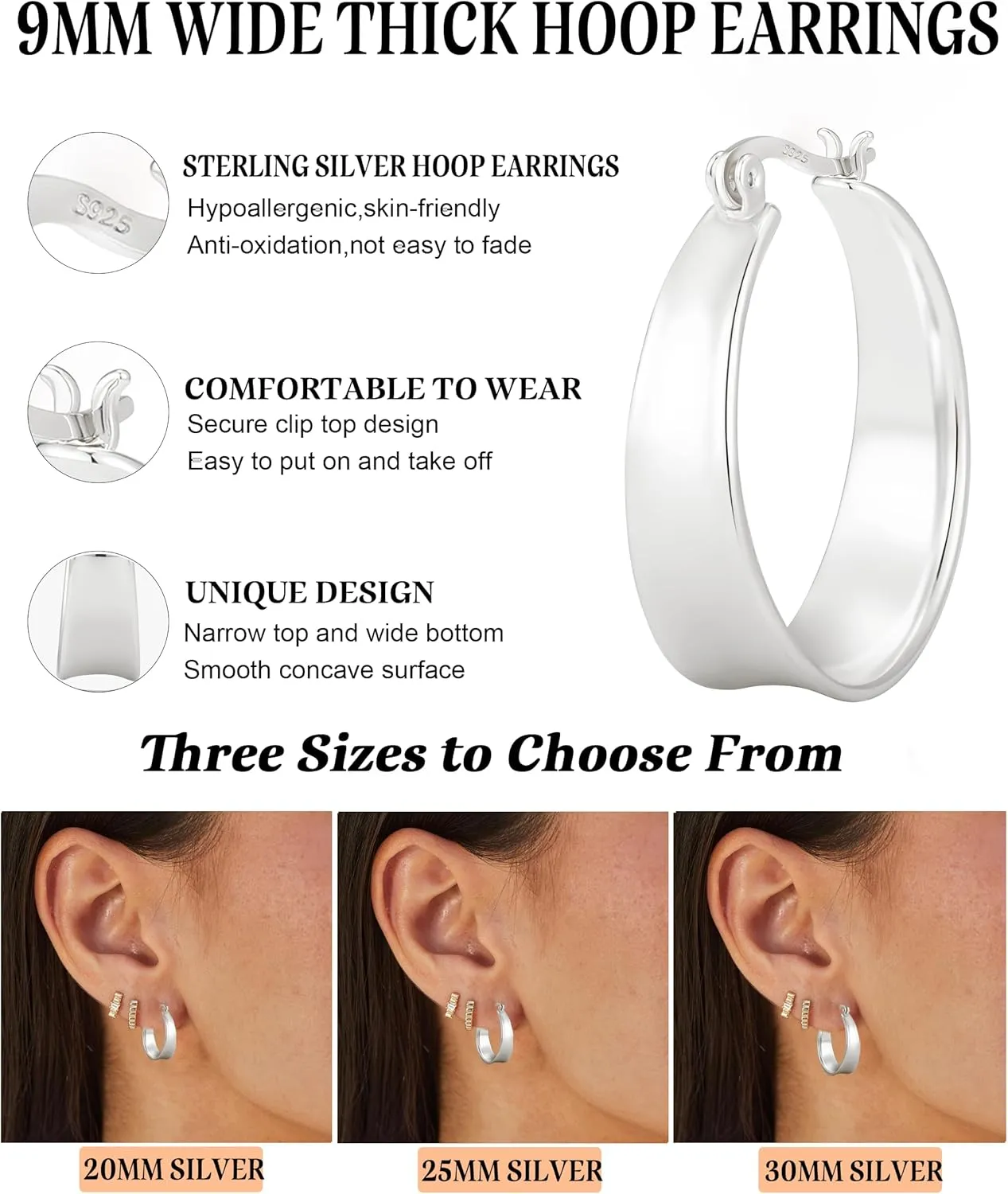 9mm Wide 925 Sterling Siver Earrings Hoop for Women Hypoallergenic 14K Gold Plated Hoop Earrings Lightweight Thick Chunky Hoop Earrings 20/25/30mm