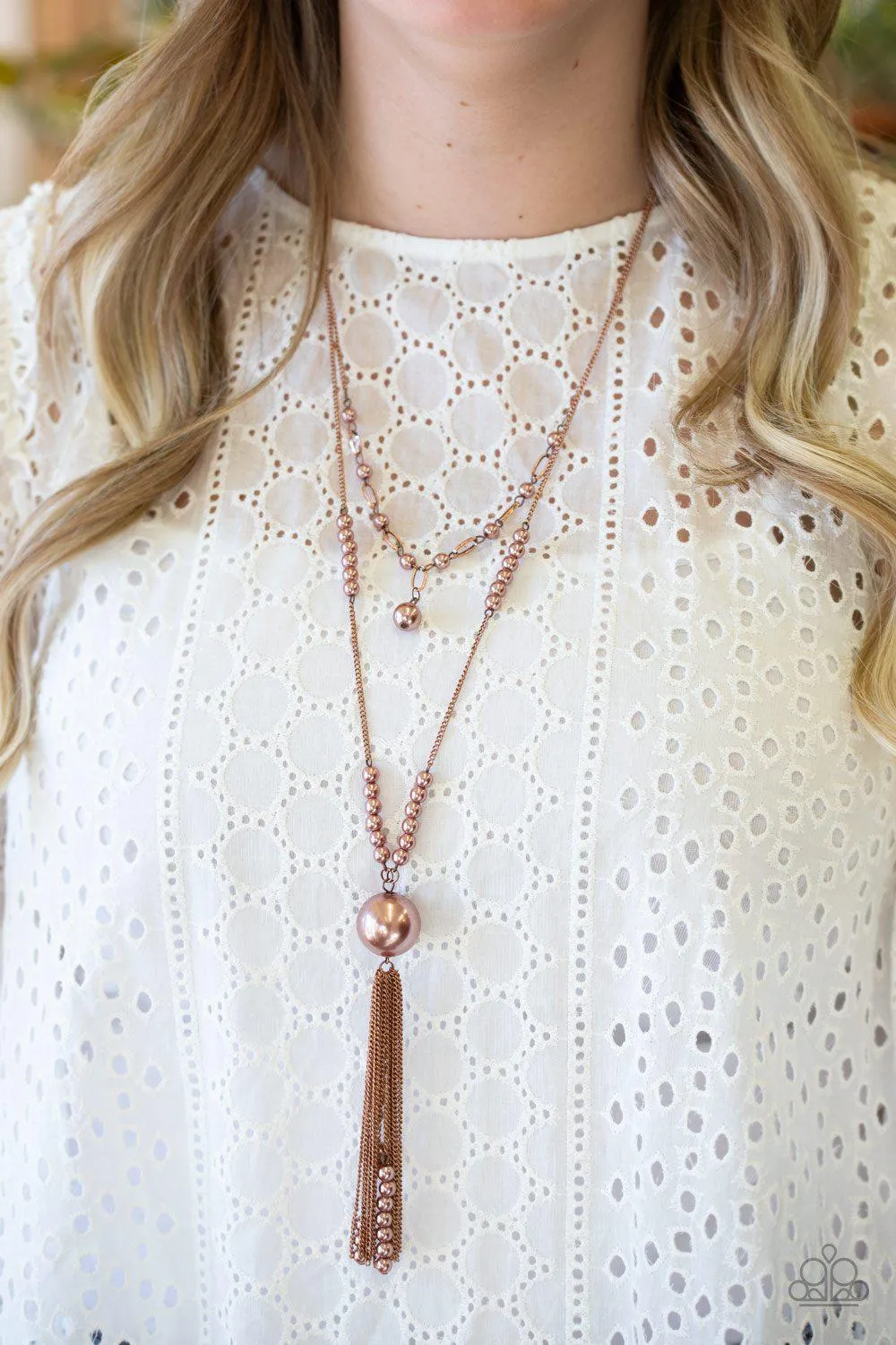 Abstract Elegance Copper Pearl Tassel Necklace - Paparazzi Accessories