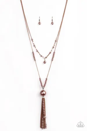 Abstract Elegance Copper Pearl Tassel Necklace - Paparazzi Accessories