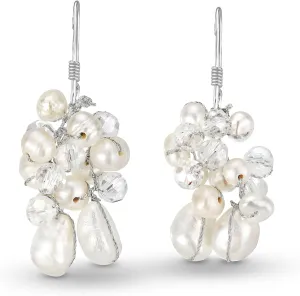 AeraVida Sophisticated Elegance Cultured Freshwater White Pearl Crystal Cluster Sterling Silver Dangle Earrings | Pearl Jewelry | White Pearl Cluster Earrings