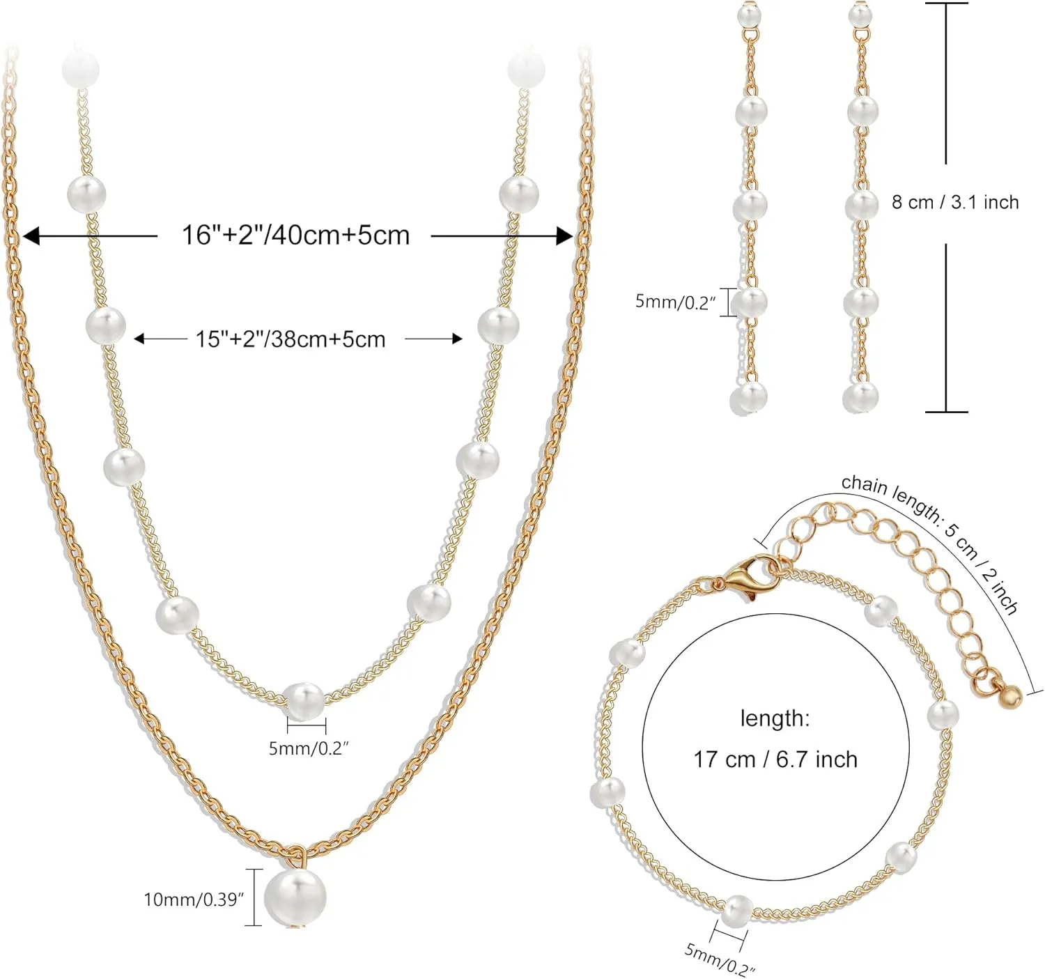 AILUOR Gold Jewelry Set for Women - 14K Gold Plated Pearl Necklace & Earring Set with Drop Earrings, Bracelets, Choker Necklace - Dainty Wedding Pearl Jewelry
