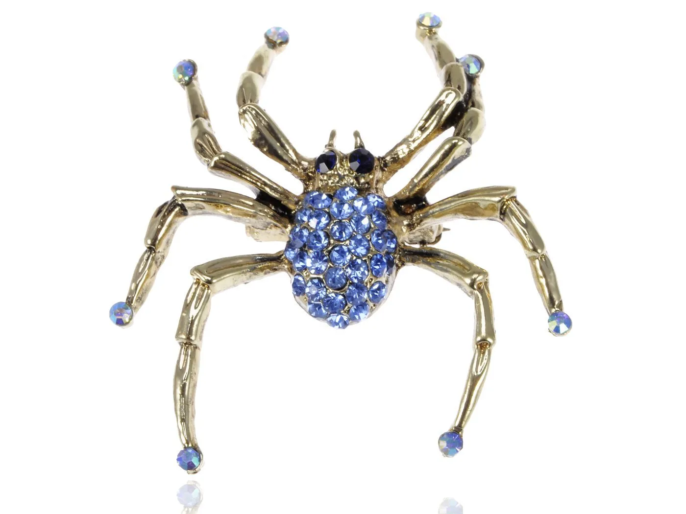 Alilang Antique Golden Tone Sapphire Blue Colored Rhinestones Spider Bug Brooch Pin