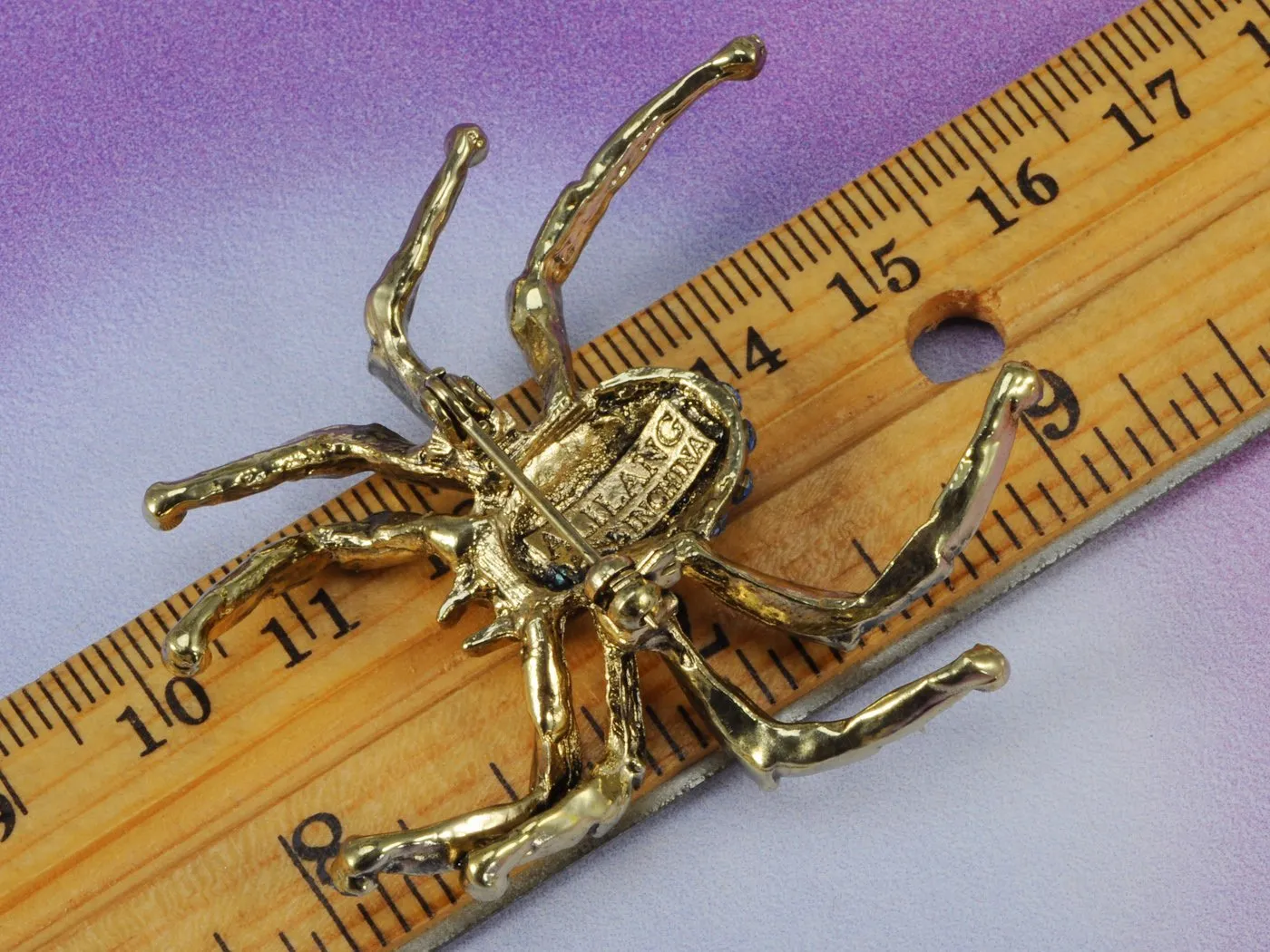 Alilang Antique Golden Tone Sapphire Blue Colored Rhinestones Spider Bug Brooch Pin