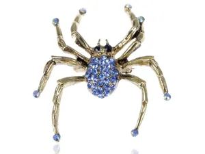 Alilang Antique Golden Tone Sapphire Blue Colored Rhinestones Spider Bug Brooch Pin