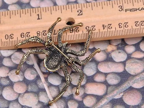 Alilang Antique Golden Tone Sapphire Blue Colored Rhinestones Spider Bug Brooch Pin
