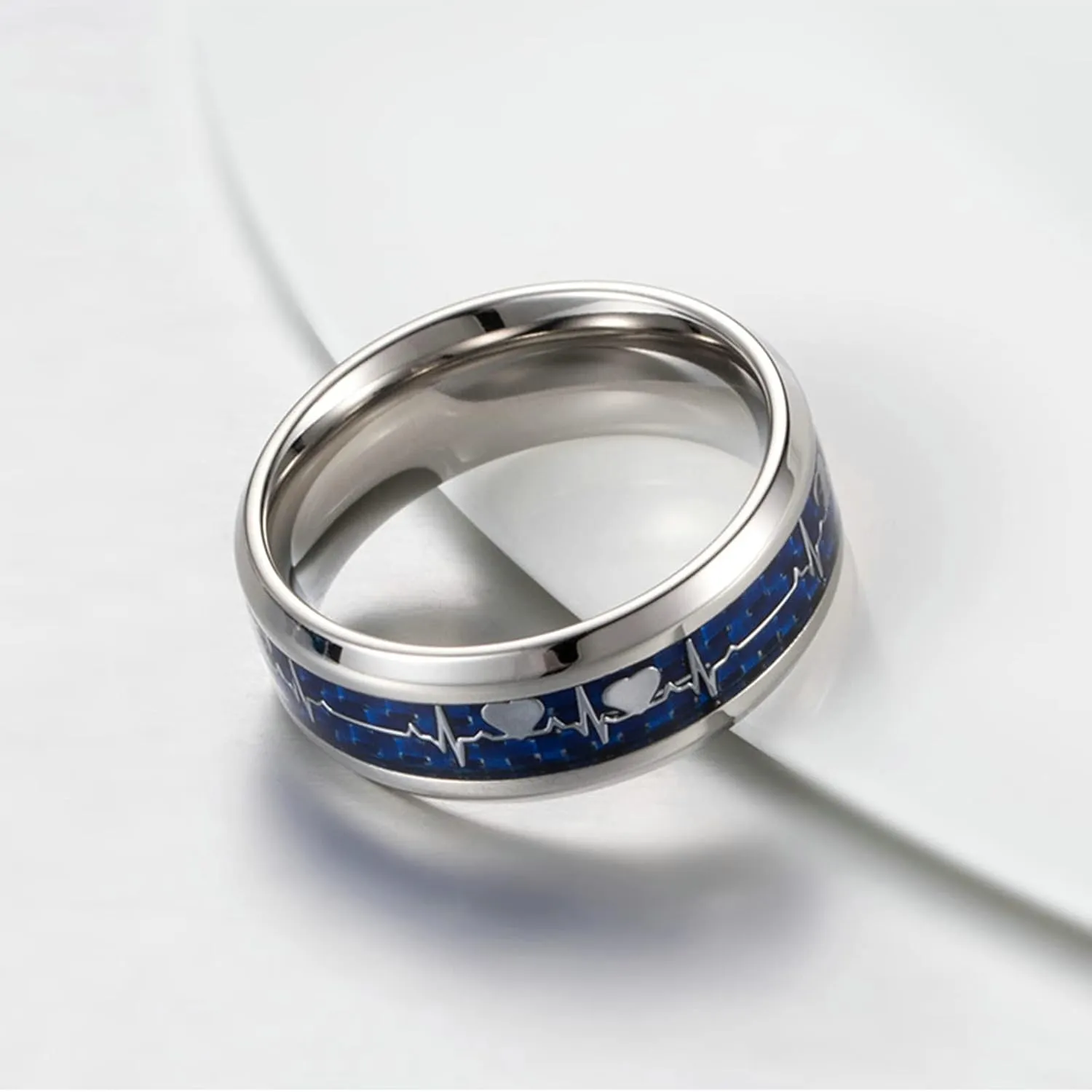 ANAZOZ Couple Promise Rings for Him and Her Sets, Stainless Steel Ring Couple Band Carbon Fiber Inlay 8MM Heartbeat Ring