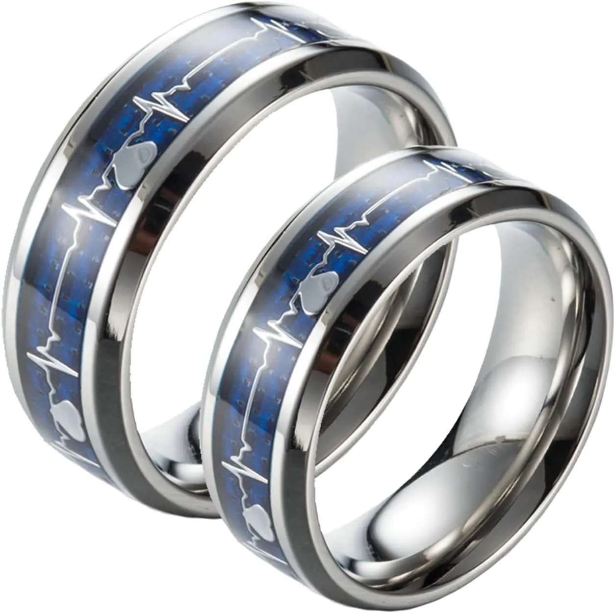 ANAZOZ Couple Promise Rings for Him and Her Sets, Stainless Steel Ring Couple Band Carbon Fiber Inlay 8MM Heartbeat Ring