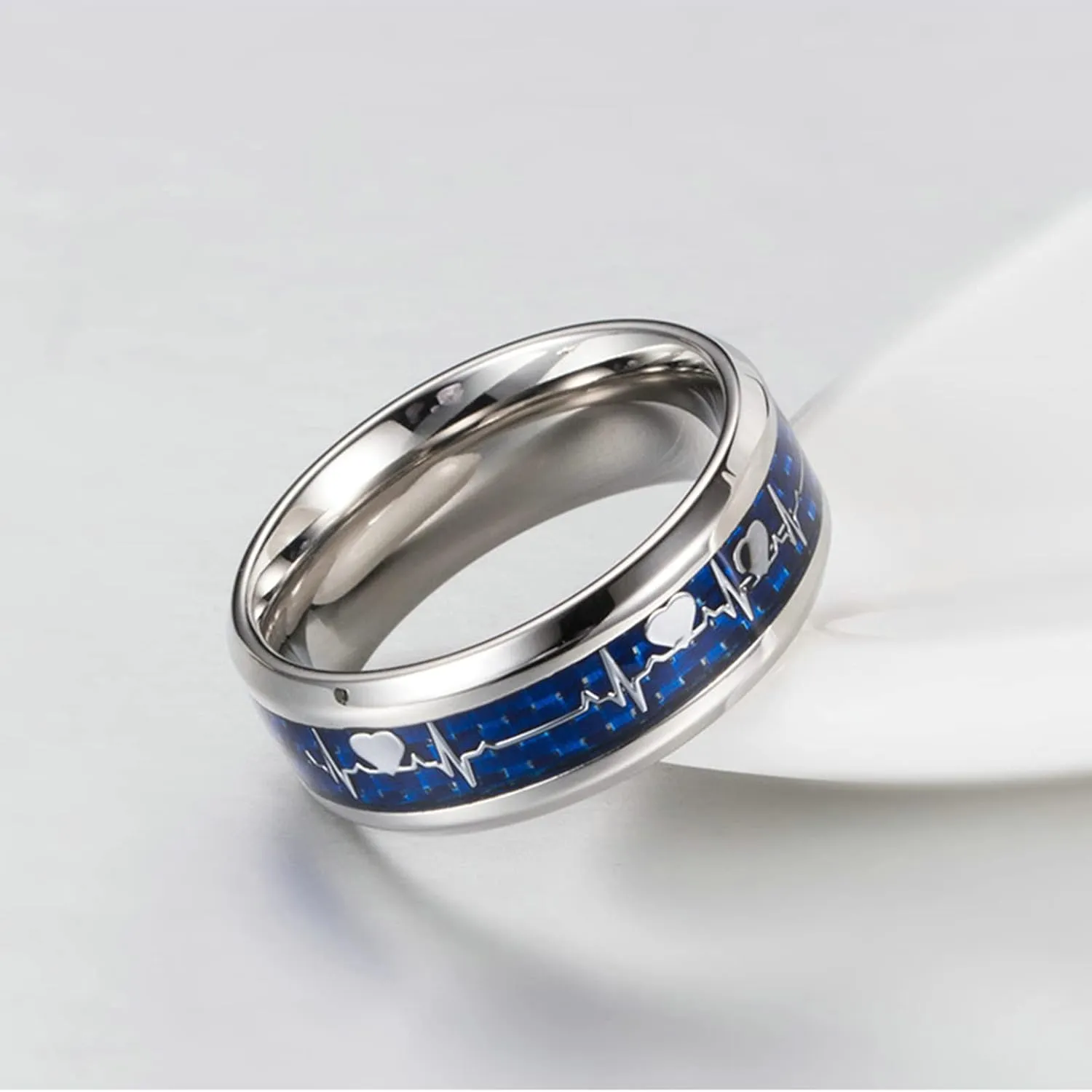 ANAZOZ Couple Promise Rings for Him and Her Sets, Stainless Steel Ring Couple Band Carbon Fiber Inlay 8MM Heartbeat Ring