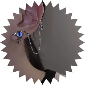 Andelaisi Boho Evil Eye Earrings Silver Evil Eye Ear Cuff Chain Earrings Gothic Devil Eye Studs Earrings Long Tassel Chain Cuff Wrap Earrings Jewelry for Women
