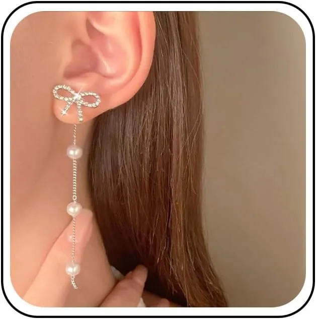 Andelaisi Boho Pearl Tassel Long Earrings Long Tassel Pearl Chain Earrings Vintage Crystal Rhinestone Bow Earrings Wedding Bridal Pearl Chain Earrings Jewelry for Women