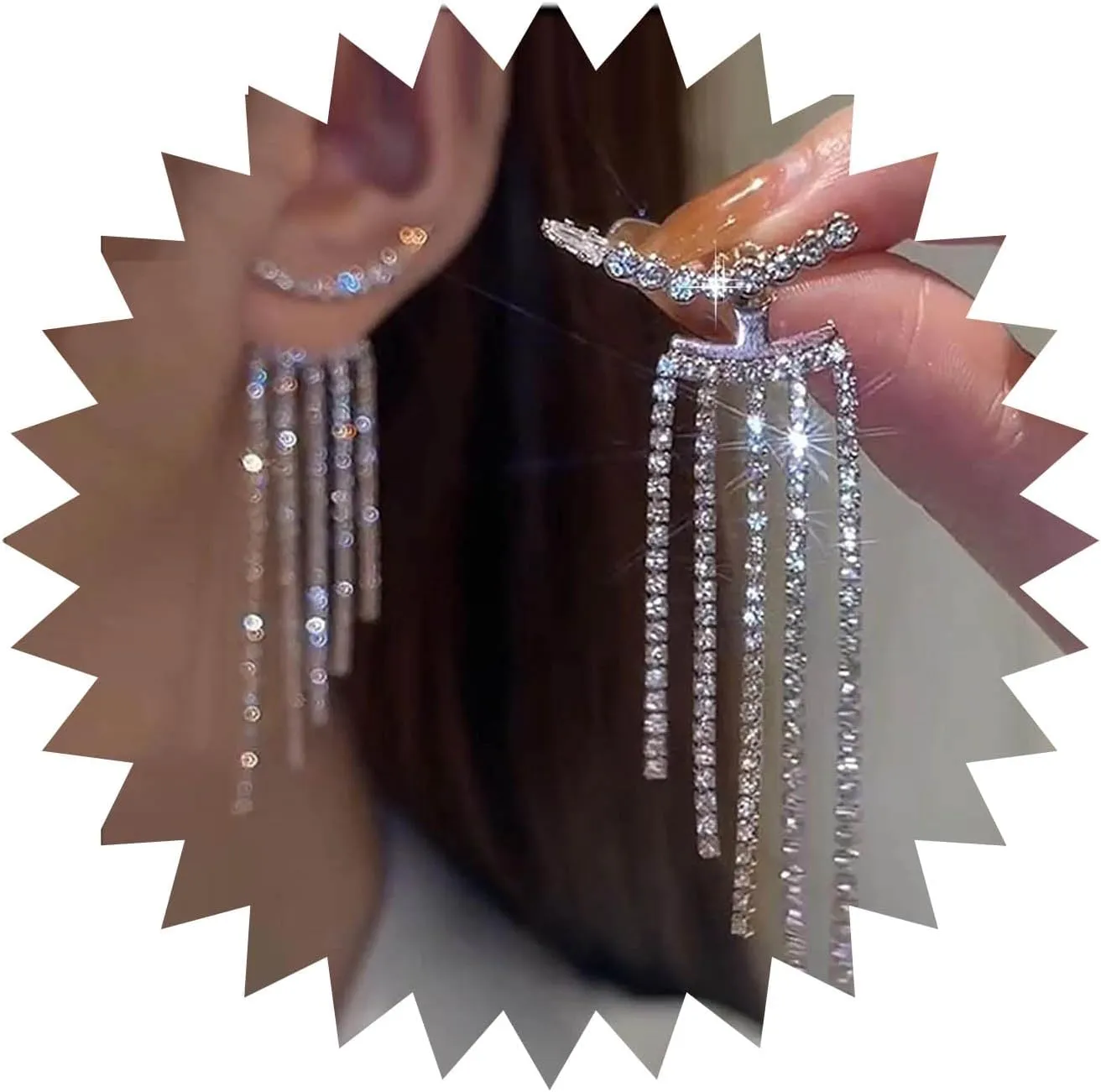 Andelaisi Boho Rhinestone Tassel Earrings Silver Long Crystal Chain Earrings Long Crystal Cz Drop Earrings Vintage Crystal Jacket Earrings Wedding Cz Chandeliers Dangle Earrings Jewelry for Women