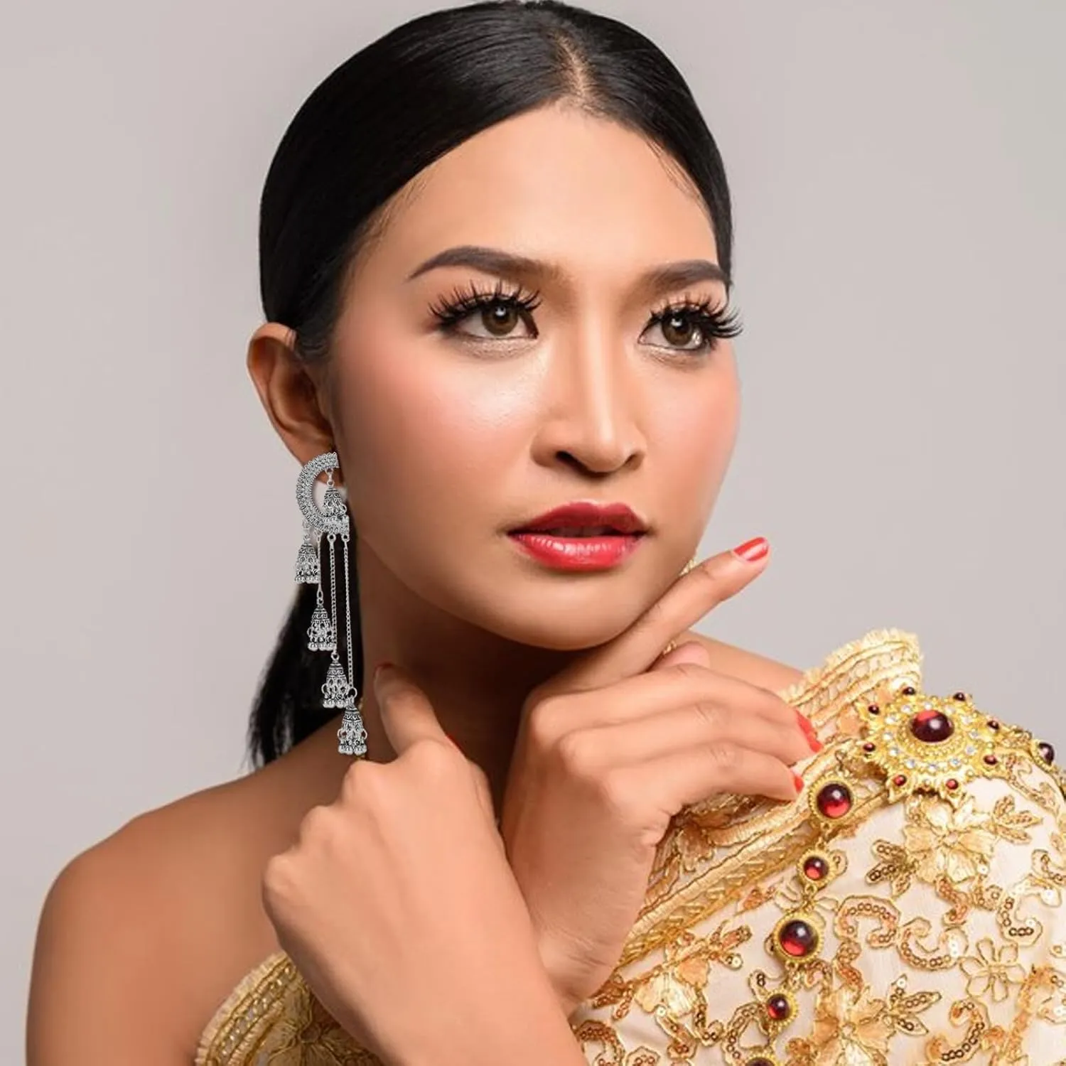 Aonklot Jhumkas Indian Earrings for Women Boho Ball Chandelier Tassel Statement Dangle Earrings Wedding Bridal Jhumki Bollywood Bell Jewelry Gifts Indian Dresses Outfits