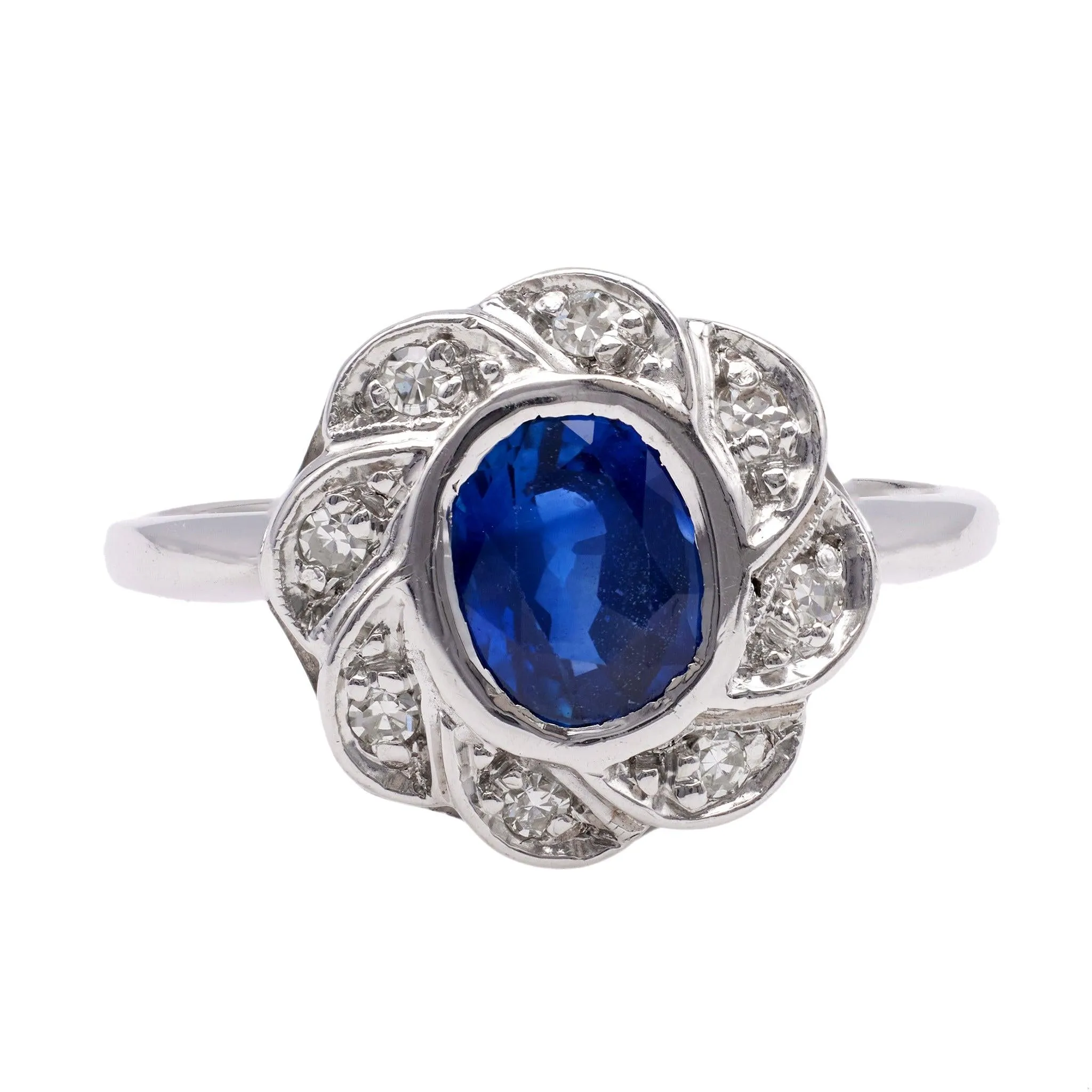Art Deco Sapphire and Diamond 14k White Gold Cluster Ring